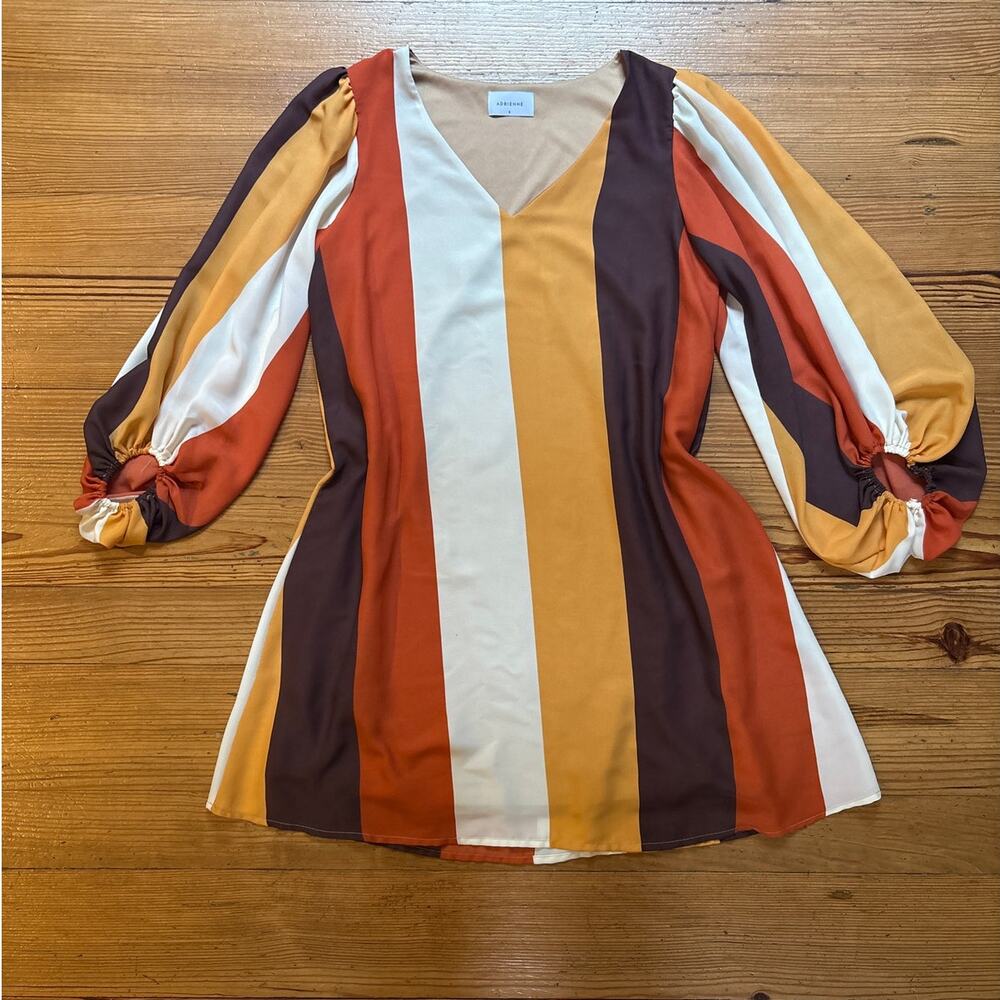 Adrienne neutral brown orange earthy striped long puff sleeve mini‎ dress SIZE S